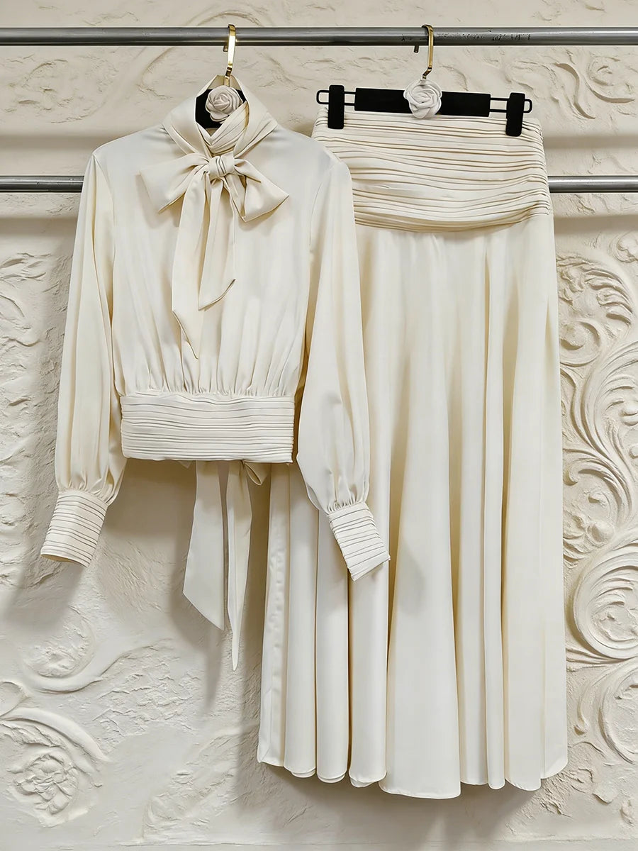 Silky Bow Blouse & Skirt Set