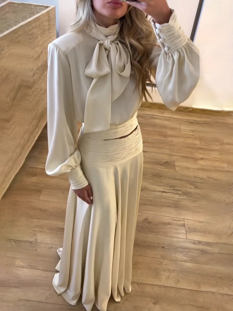 Silky Bow Blouse & Skirt Set